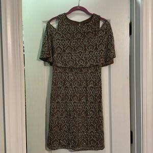 Aidan Mattox Brown and Beaded Silver Cold Shoulder Mini Dress